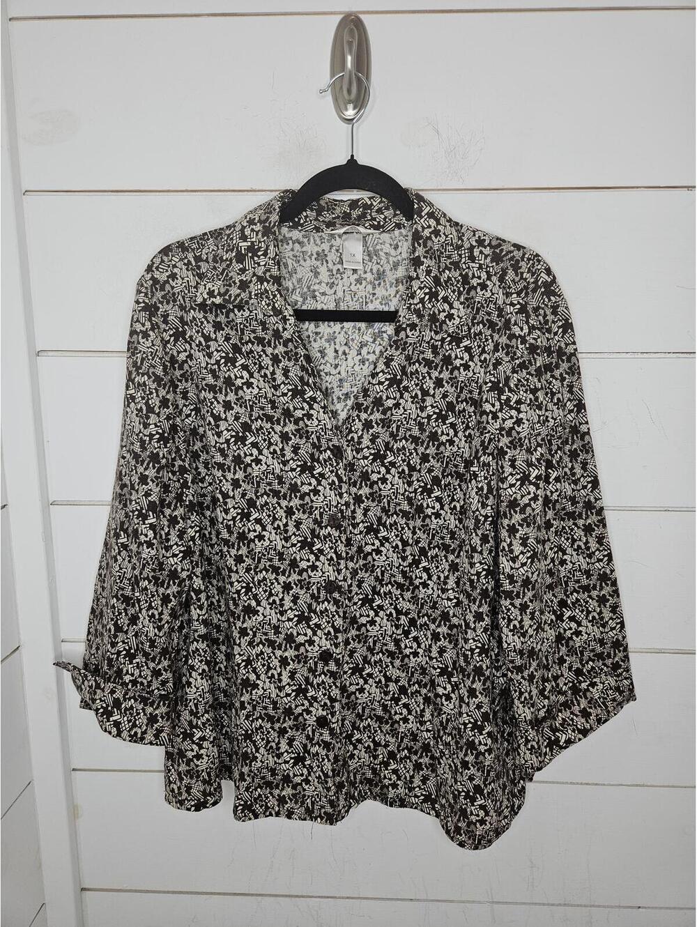 CJ Banks 1X brown & cream print button up linen blend shirt